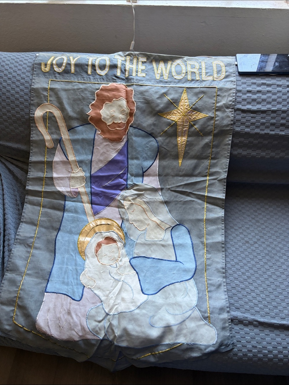 Joy to the World Nativity Wall Hanging - Blue, Gold, Cream flag